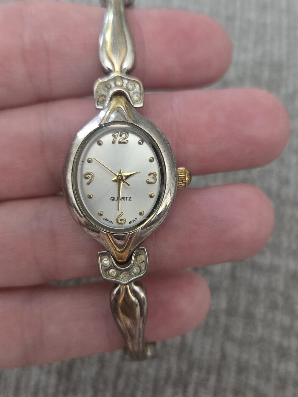 Quartz Japan MOVT Women's Silver Gold Two Tone Oval Rhinestone Accent